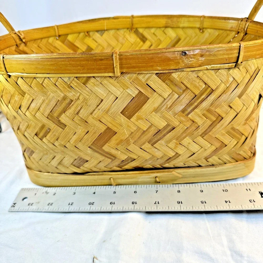 Vintage Handwoven Basket Philippines 12x7x6 Boho Herringbone Zigzag Woven EVC